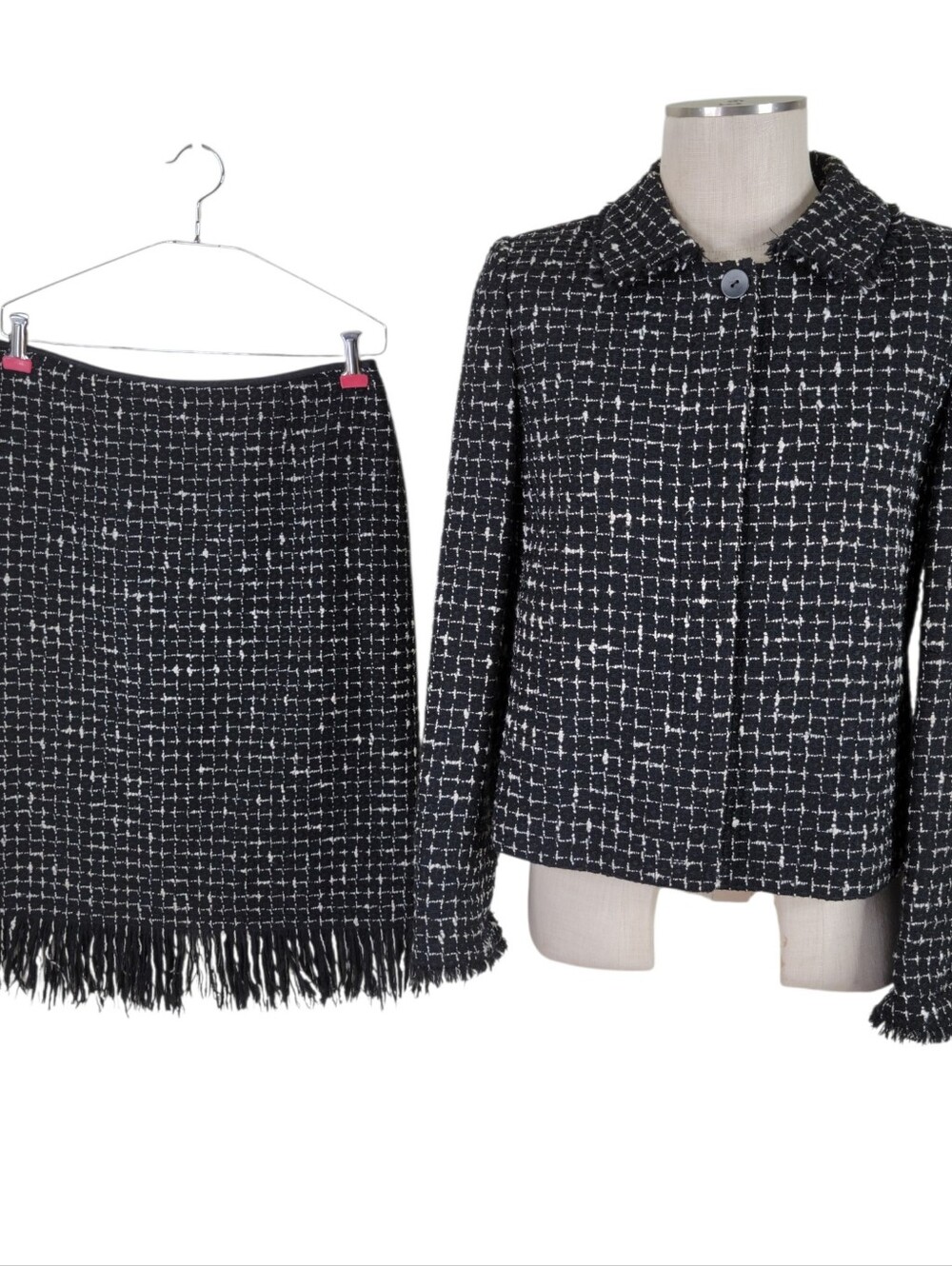 Linda Allard Ellen Tracy Tweed Skirt Suit Set Size 6 Black White Fringe Trim - Picture 2 of 11